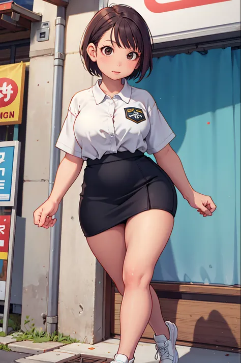 masterpiece, best quality,1girl,young girl,brown eyes,short hair,mesugaki smile,shiny skin,(nice leg line:1.3),thick thighs,thin...