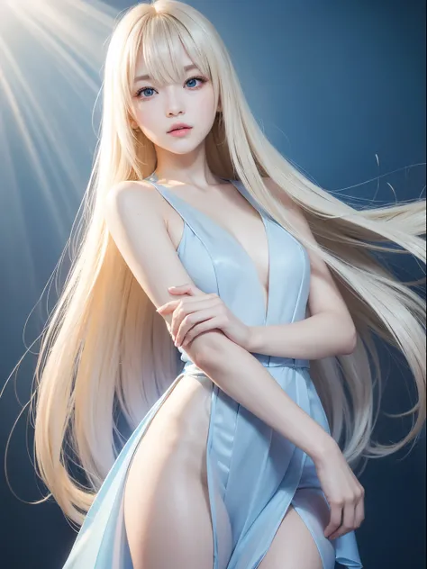 solo girl, 校服, blue-sky, bright and beautiful face, Skin is young, shiny, fair and shiny, best appearance, Golden hair reflects the dazzling light, Beautiful platinum blonde extra long silky straight hair with shiny shine, with long bangs, very beautiful 1...