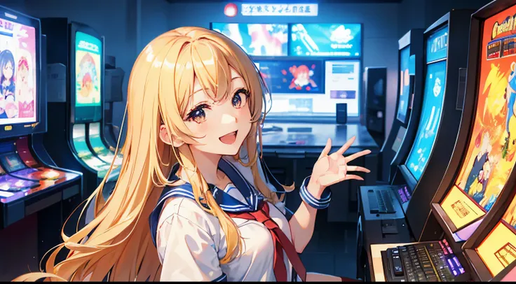 Arcade Game Center,​masterpiece,Top image quality,hight resolution,Mabayashi Kitagawa,,Beautiful fece,blonde  hair,long hair down to the back,summer sailor uniform,jewely,耳环,red tie、girl with、black eyes、Tsurime girl,Very smiling and open mouth、face close-u...