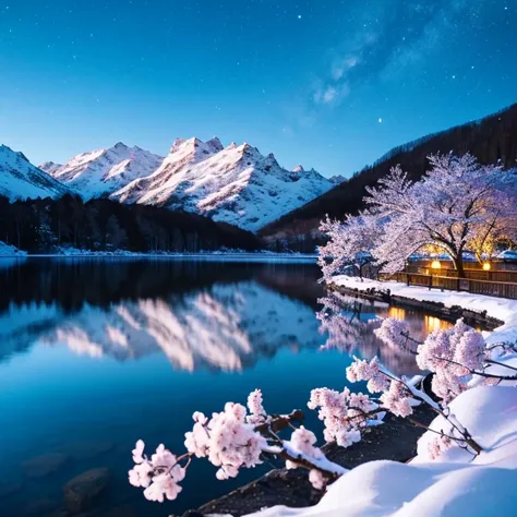 cherry blossoms snow deep in the mountains empty lake night stars