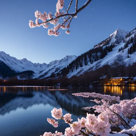 cherry blossoms snow deep in the mountains empty lake night stars