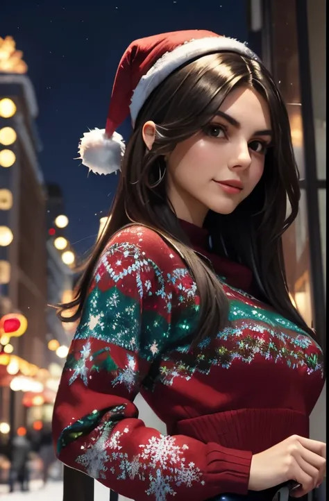 (best quality, masterpiece, perfect face, beautiful and aesthetic:1.2, colorful, dynamic angle, highest detailed face) cowboy shot, anime:1.2, solo, 
1girl ((Victoria Justice)) wearing a sexy christmas sweater in a snowy night in the city, christmas decora...