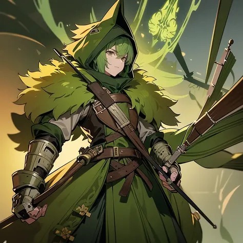 A tall green man with green hair a green bread wearing a fur coat wear a hood and a green cloth covering his mouth holding a wooden crossbow in his right hand and a quiver full of arrows on his back with a green falcon flying with a green fog in the backgr...