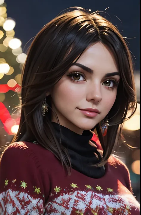 (best quality, masterpiece, perfect face, beautiful and aesthetic:1.2, colorful, dynamic angle, highest detailed face) cowboy shot, anime:1.2, solo, 
1girl ((Victoria Justice)) wearing a sexy christmas sweater in a snowy night in the city, christmas decora...