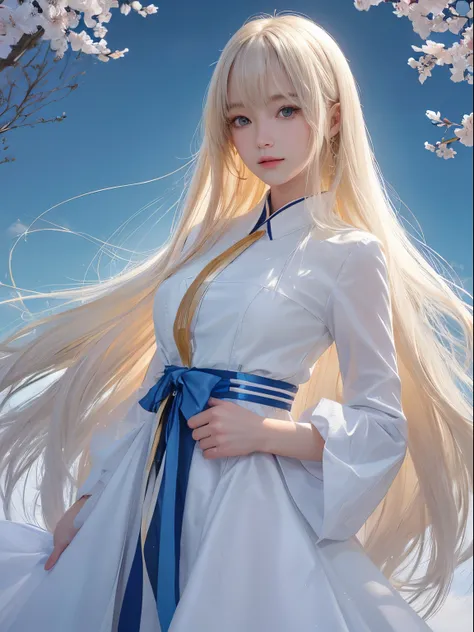 solo girl, 校服, blue-sky, bright and beautiful face, Skin is young, shiny, fair and shiny, best appearance, Golden hair reflects the dazzling light, Beautiful platinum blonde extra long silky straight hair with shiny shine, with long bangs, very beautiful 1...