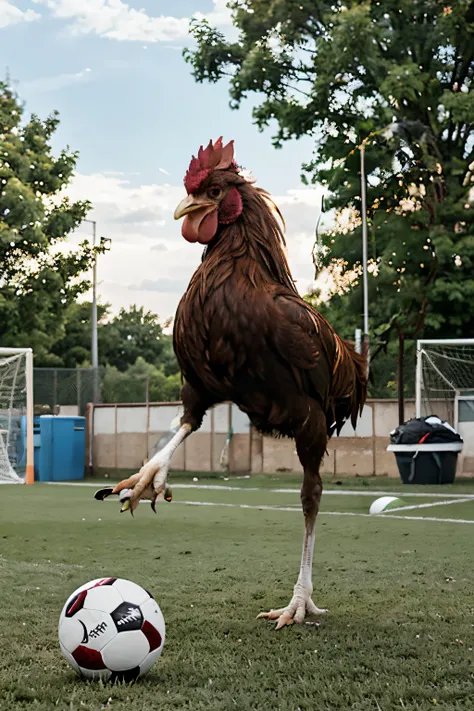 Make the rooster step on the soccer ball