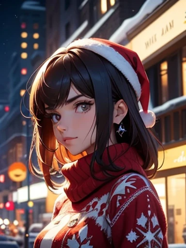 (best quality, masterpiece, perfect face, beautiful and aesthetic:1.2, colorful, dynamic angle, highest detailed face) cowboy shot, anime:1.2, solo, 
1girl ((Victoria Justice)) wearing a sexy christmas sweater in a snowy night in the city, christmas decora...