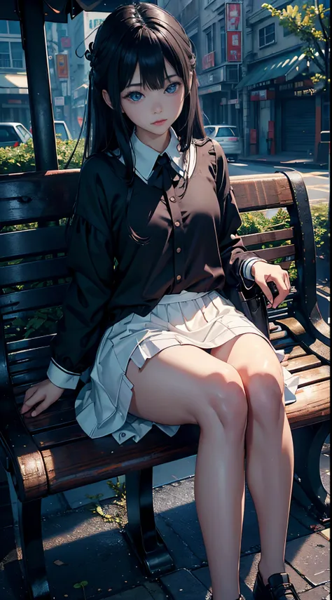 1 sister, black hair color hair, whiteskirt, sitting on a bench, Tramac drops, perfect  eyes, perfect hand, 超高分辨率, Movie Angle, profesional lighting, Best quality at best, tmasterpiece, Side seams, Sharp, Perfect focus，Corner store，fanciful_A WORLD，（Elabor...