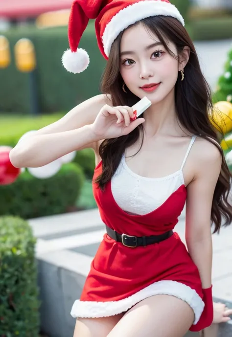 vest、master-piece、Ultra-high image quality、reality、youthful、(Beauty Face 1.4 Otome)、(There&#39;s milk in the middle..、Retractable waist)、bokeh、Micron、gleaming skin、head、fullbody、Red miniskirt、wearing a santa hat, Wear a Santa suit 、Slim body, Use your hand...