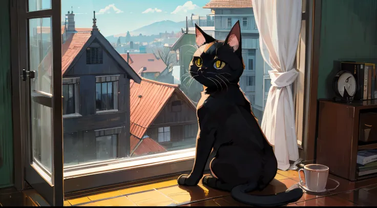 a black cat with cute round eyes。,staring out the window　in a house