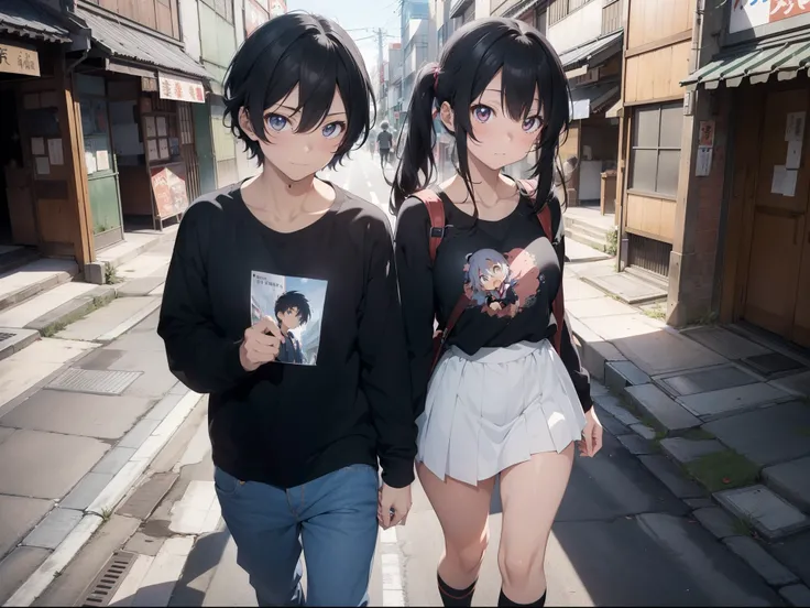 Perfect couple boy and girl "anime", Anime Key Visual, Japanese Manga, Pixiv, Zerochan, Anime art, Fantia, (((full body))), black shirt, slim, Corte quiff, full body, (walking in the street of Japan)