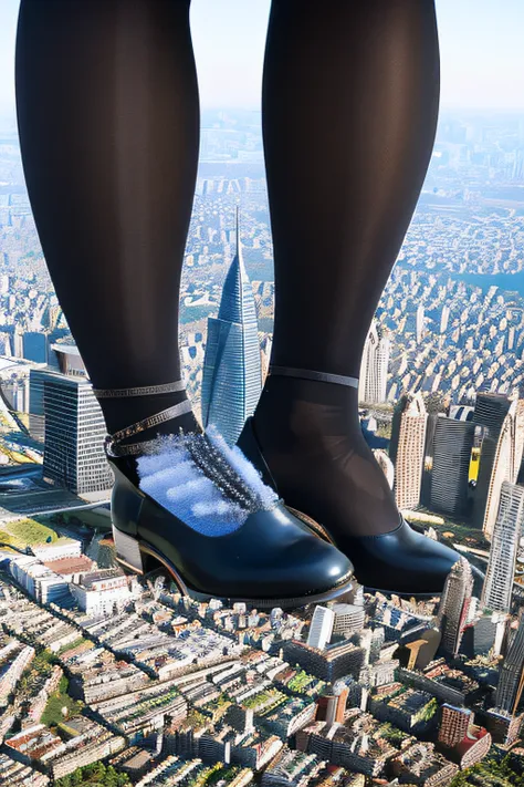 bird view, giantess art, a hyperrealistic schoolgirl, highly detailed giantess shot, der riese, shorthair, black pantyhose, a gi...