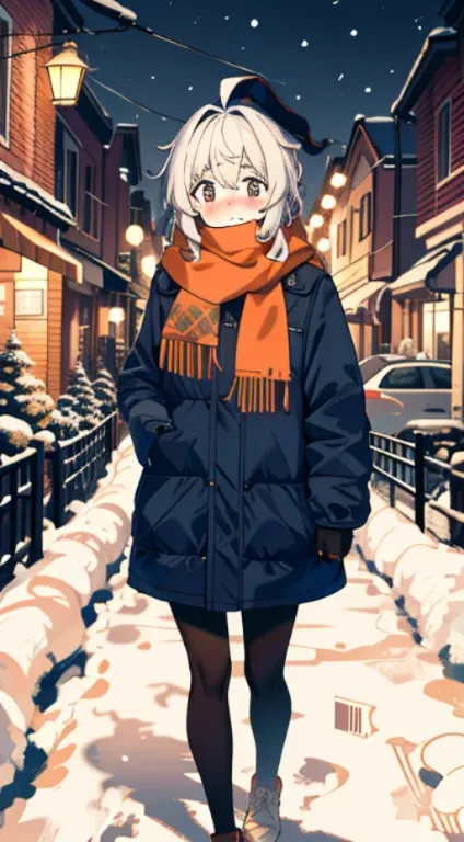 best quality,4k,8k,highres,masterpiece:1.2,ultra-detailed,realistic,photorealistic:1.37,street,Halloween decorations,traveling together,big snowfall,scarf,blushing faces,turning around