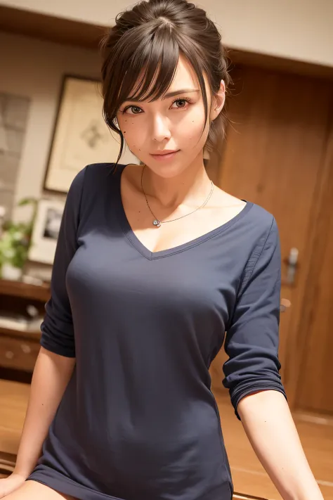 (in 8K, top-quality, ​masterpiece:1.2), (realisitic, Photorealsitic:1.37), ultra-detailliert, Natural sunlight, mideum breasts, I can see the cleavage, 1 persons, 35-year-old woman, Dark hair, Pendants, Torn shorts, Light Knit V-Neck Shirt, At the time of ...