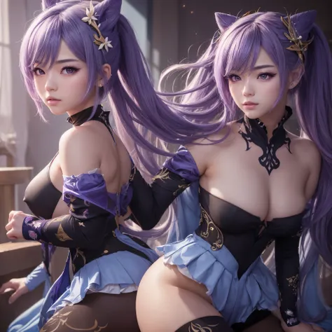 ((Genshin Impact)), ((Keqing)), ((Focus on the hips)), (black tights:1.2), traditional beauty, gorgeous chinese model, draped in purple and blue silk, with beautiful exoticism, purple hair, violet eyes, cat ears on top of head, By bicycle, soft fluffy soft...