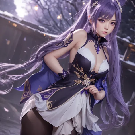 ((Genshin Impact)), ((Keqing)), ((Focus on the hips)), (black tights:1.2), traditional beauty, gorgeous chinese model, draped in purple and blue silk, with beautiful exoticism, purple hair, violet eyes, cat ears on top of head, By bicycle, soft fluffy soft...