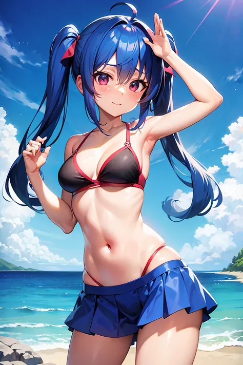 lange Haare, medium breast, Red face, Bikini mit Rock, wendy marvell twin tails blue hair