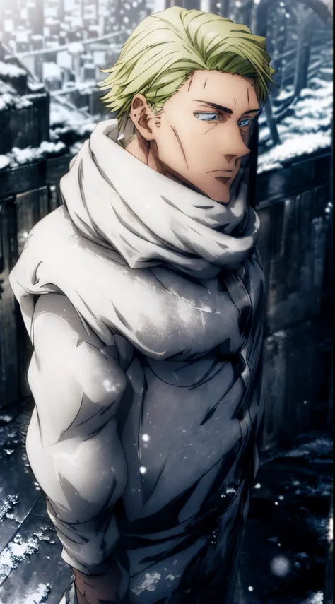 (1man,Best Quality), (Highly Detailed 8K Background, Best Shadow), Highly Detailed, (Beautiful Detailed Eyes), ((Winter Clothes, Daylight, Winter))), (Cowboy Shot), Anime, City, Best Quality High detail, 4K