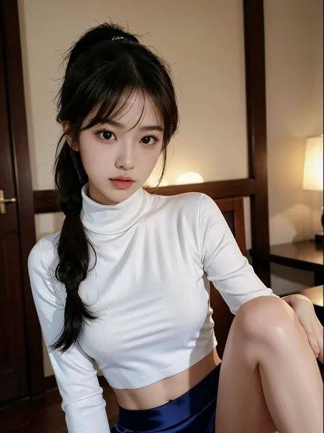 1girl, slender korean kpop idol and model ,ponytail hairstyle ,23 years old,soft body, big breast, fair skin,close-up, 8k, RAW photo, best quality, masterpiece,realistic, photo-realistic,cute,mansion , summer ,soft light, High image quality,( turtleneck to...