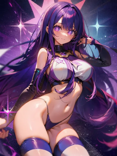 Ai Hoshino, Long hair, Purple hair, Striped hair ,Purple eyes, Star-shaped pupils,  1girll, full bodyesbian,Solo,  Purple eye,Star eyes,Sparkling eyes,Shining eyes,Star-shaped pupils,Detailed eyes, white thighhighs, Purple colored hair,Blowing hair,  view ...