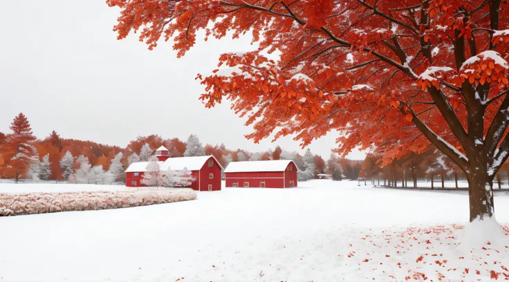 snowy scene of a barn and tree with red leaves in the foreground, warm beautiful scene, hd wallpaper, beautiful wallpaper, very beautiful photo, red and white colors, autumn season, high quality desktop wallpaper, with snow covered colourful red, scenery w...