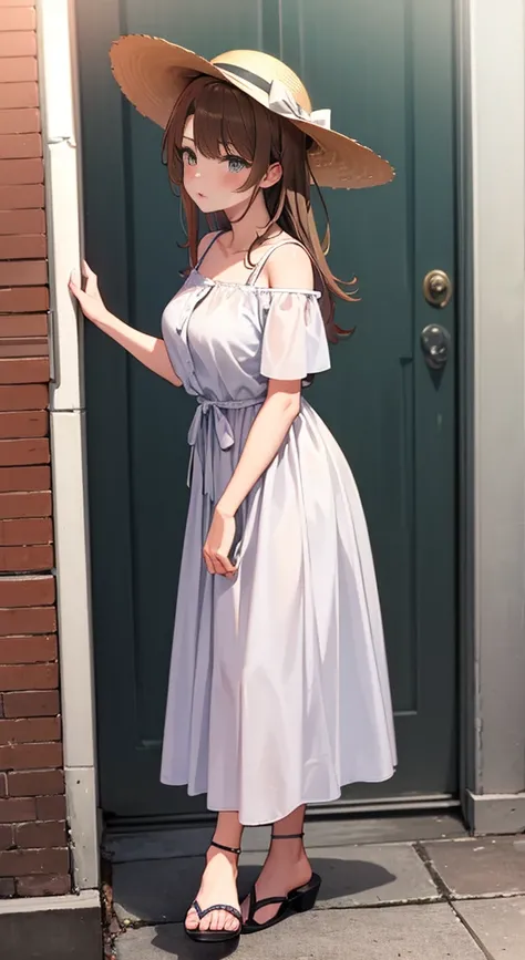 Isshiki Roha,Long Straight, brown haired, ，Brown-eyed, White long skirt integrated dress、large size straw hat，sandal，red blush，In the street，Solo，