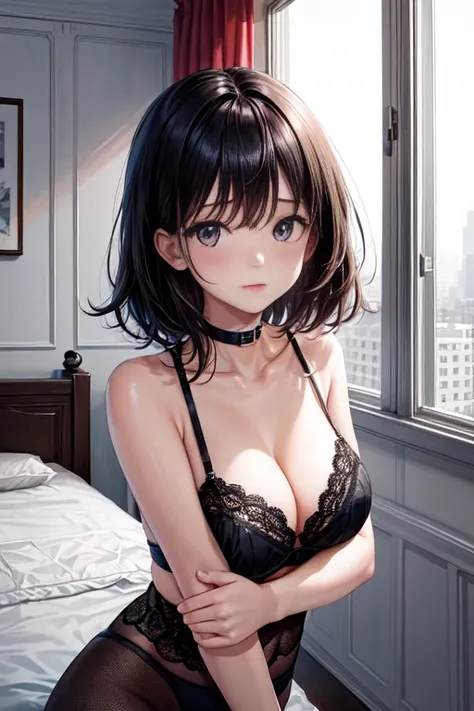 hight resolution, top-quality,  ultra-quality, The ultra-detailliert, lighting like a movie、Girl in a black bra、girls own room、A dark-haired、Sauce order、