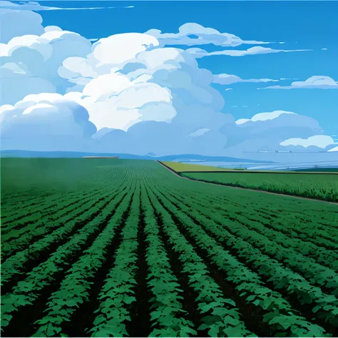 potato field，cropper，Distant blue sky and white clouds Makoto Shinkai animation style，vivd colour