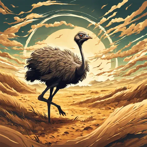 Ostrich running in circles causing tornados and whirlwinds in anime 2d art style background savanna