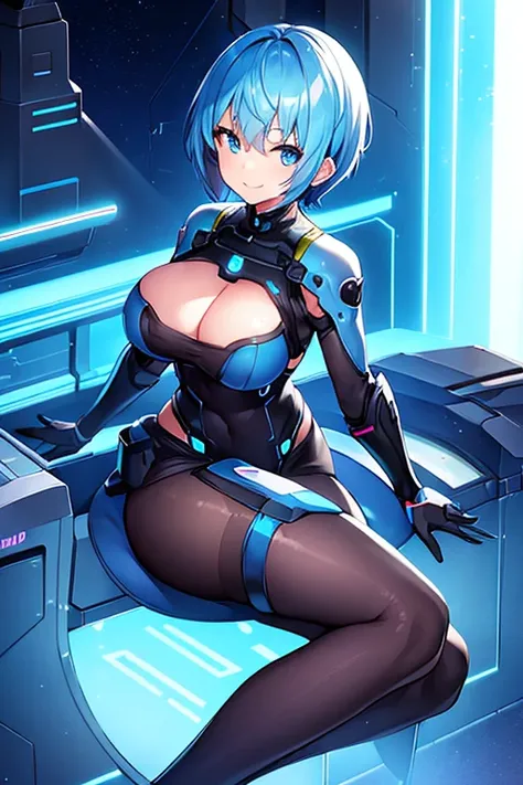 1girl, breasts, large breasts, blue hair, very short hair, pixie cut, bodysuit, black bodysuit, blue trim, science-fiction, futuristic, tech, neon trim, neon, smile, full body, ((full body)), pantyhose