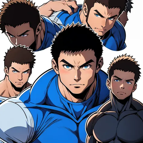 Arte estilo anime, desenho estilo anime, imagem frontal, de corpo inteiro, Personagem masculino musculoso, protagonista, , cabelo curto, cabelo com pontas, cabelo curtinho, personagem musculoso, sem camisa, wearing ripped blue pants, wearing white sneakers...