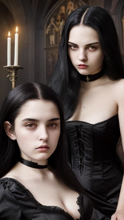 two sisters of different ages, one teenager, lesbians, detailed face,black hair, long hair, arrogant, sexy, mysterious, curvy, witches, vampire, catholic, in church