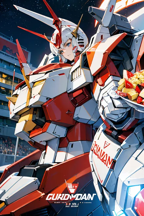 a close up of a large robot with a red and white stripe, gundam style, on a gundam, gundam, gundam box art, mobile suit gundam, gundam armor, inspired by Krenz Cushart, barbatos gundam, gundam robot, extreme gundam, by Krenz Cushart, mobile suit, cushart k...