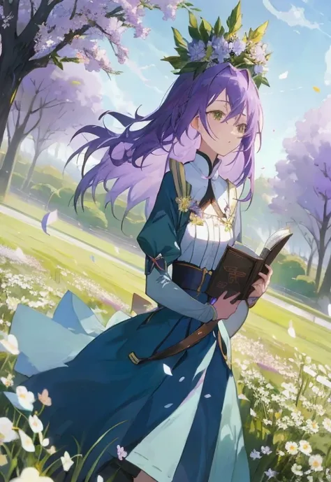 Purple hair anime girl reading a book in a flower field, the non-binary deity of spring, guweiz, guweiz on pixiv artstation, Light Novel Cover Art, Anime style like Fay Night, artwork in the style of guweiz, marin kitagawa fanart, guweiz on artstation pixi...