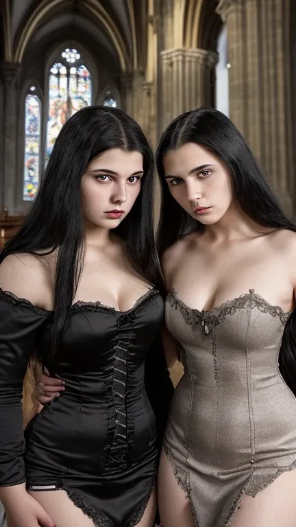 two sisters of different ages, one middle-age and one teenager, lesbians, detailed face, black hair, long hair, arrogant, sexy, mysterious, curvy, witches, vampire, catholic, in church