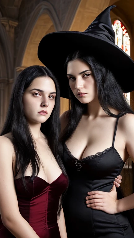 two sisters of different ages, one middle-age and one teenager, lesbians, detailed face, black hair, long hair, arrogant, sexy, mysterious, curvy, witches, vampire, catholic, in church