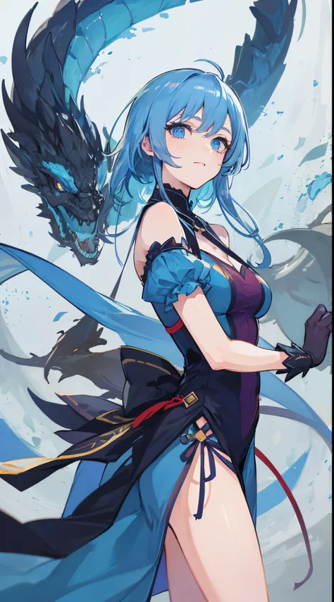 1girl in, Blue hair, sharp blue eyes, she is a dragon girl