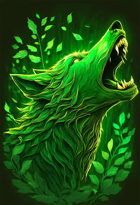 Vivid green wolf covered in vines and leaves opening their mouth and firing a beam of glowing gold and green out, in scribble art style, background forest