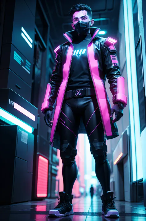 homem com roupa cyberpunk , cidade futurista com luzes neon , 3d uhd 4k