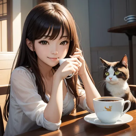 concept-art、❴Beautiful girl drinking coffee with cat❵、beautiful countenance、Gentle smile、Clear skin、Fantasia、accurate depiction、Accurate composition、​masterpiece、4K