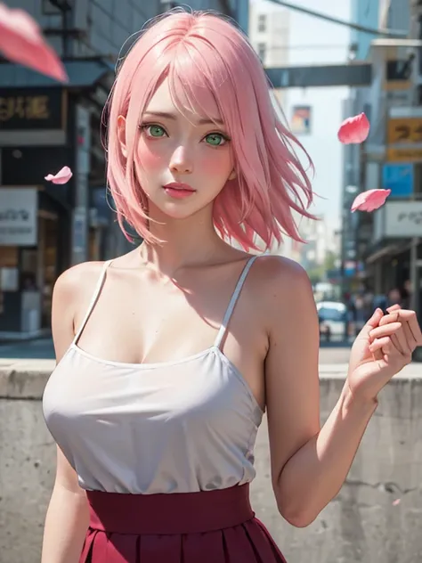 masterpiece, absurdres, sakura(boruto), 1girl, solo,mature female, spaghetti strap top, high waist short skirt, looking at viewelling petals), perfect composition, detailed lips, big breast, beautiful face, body propotion, blush, (pink lips), long pink hai...