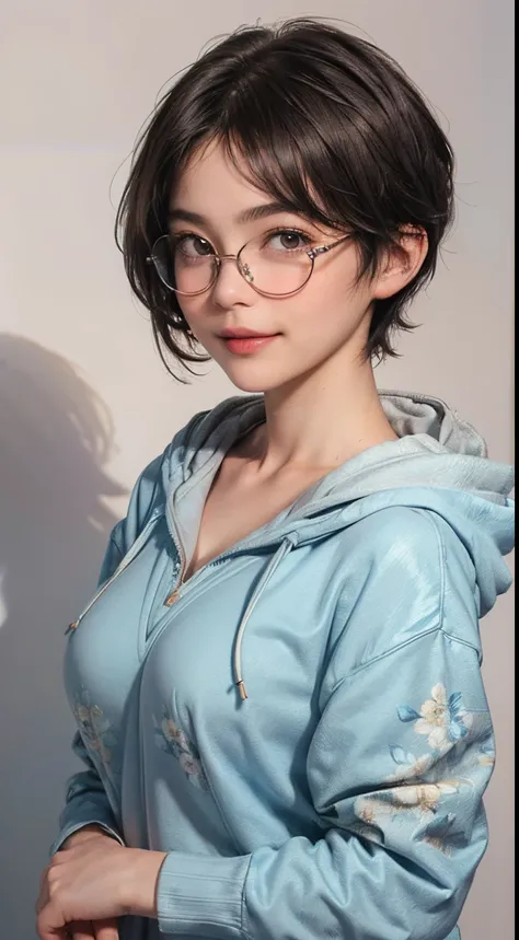 135
(a 20 yo woman,Wearing sportswear), (A hyper-realistic), (high-level image quality), ((beautiful hairstyle 46)), ((short-hair:1.46)), (Gentle smile), (breasted:1.46), (lipsticks), (Wearing glasses), (darkened room), (florals), (wearing hoodies)