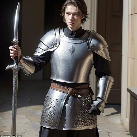 (((masterpiece, 1boy))) (Roland is a handsome young Breton man, late teens, 6 tall, knightly, athletic, his chestnut hair is cut short, the gaze of his hazel eyes is ardent and determined, despite his boyish appearance, in combat he wears sleek form-fittin...