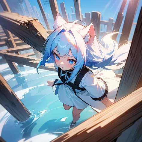 Color cartoon、hight resolution、The background is a blue sky with clouds、bright々The sun shines down。old lumber warehouse。Hand cutting a large amount of wood one after another（5 fingers）A girl who is cut in half by。dynamism of hair。Delicate depiction of fluf...