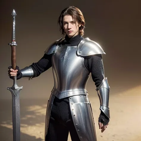 (((masterpiece, 1boy))) (Roland is a handsome young Breton man, late teens, 6 tall, knightly, athletic, his chestnut hair is cut short, the gaze of his hazel eyes is ardent and determined, despite his boyish appearance, in combat he wears sleek form-fittin...