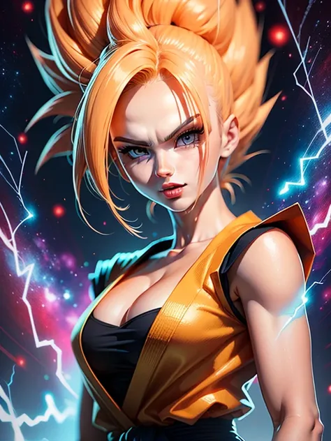 anime, beautiful girl, dragonball style, super saiyan, perfect face, beautiful face, high details, galaxy background, energy, electricity, energy aura around girl, son goku, sexy