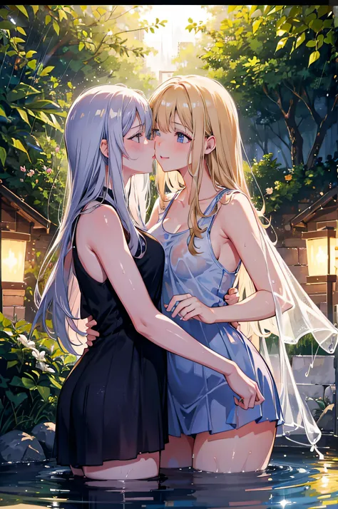 two girls, yuri, kissing, light hair, athletic bodies, in a greek garden, beautiful, detailed faces, rain, wet transparent tank ...