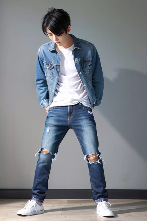 cool Japanese boy wearing jeans torn only at the knees standing position.