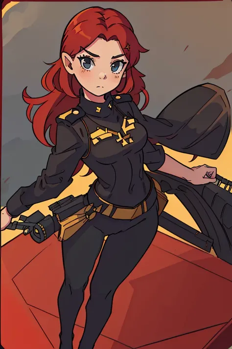 girl, red hair, captain of an aircraft carrier, black uniform, full body, black pants, gold rank insignia, standing straight