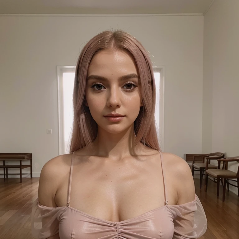 Mulher branca cabelos longos com vestido rosa transparente em uma sala imagem super realista